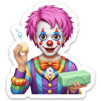 Clown dropping down to show pick up soap sticker