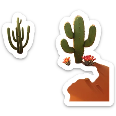 Cinematic Realistic Desert Emoji, Expansive and arid, with vast stretches of golden sand dunes and scattered cacti, the sun casting a warm, almost orange glow over the dry, cracked earth. The horizon blurs into a heat shimmer, while the occasional desert flower adds a splash of color to the barren landscape. Soft glowing outline, capturing the essence of the harsh yet stunning beauty of the desert, calm and quiet, filled with silence and mystery. sticker
