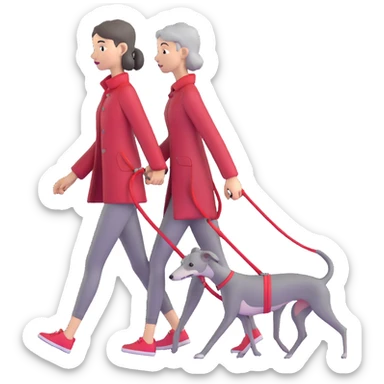 Beautiful Asian girl walking a completely solid grey Italian greyhound with a grey nose on a simple red leash, no white markings anywhere, pure grey dog sticker