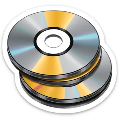Minimalist emoji-style sticker of a small stack of DVD discs, one cracked, one with burn marks. Top-down view, grayscale and muted tones, flat design, no text. sticker