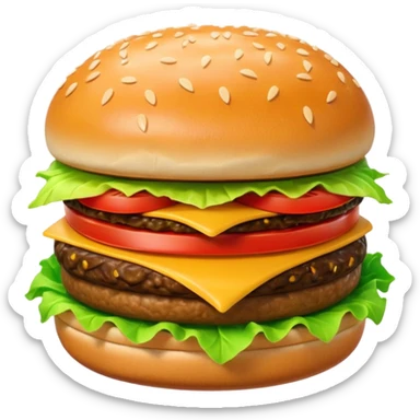 A 3D cartoon cheeseburger with lettuce, tomato, and sesame bun, soft texture, realistic Memoji-style rendering. sticker