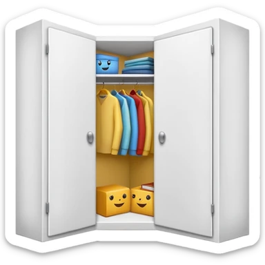 Simple L-shaped corner closet made of smooth white PVC, emoji-style. Two plain doors, one on each side, opening outward like a book from the corner.  sticker