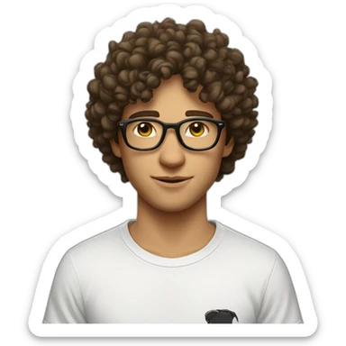 A white young man with glasses wears a logo t-shirt, indoors with a neutral expression. curly hair sticker