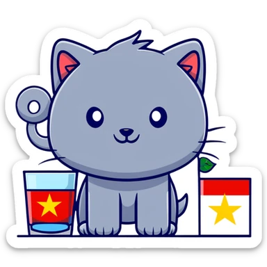 cat, dog, wolf, Vietnam flag, tree, elephant, and a glass all together in cartoonish sticker style sticker