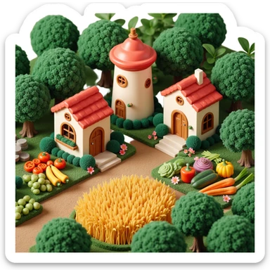 Exterior view of a whimsical jungle farm with cookie-factory-style buildings nestled in lush vegetation, wheat fields and colorful vegetables growing from rich soil, surreal atmosphere, no robots, emoji-style sticker