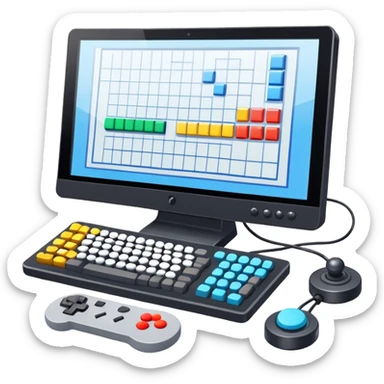 Emoji for Game Design: computer screen with Professional game development interface, 3D models, pixel art and design tools like grid, wireframe, gamepad, joystick, stylus. Symbolizes the technical and creative process of game development. Transparent background. sticker