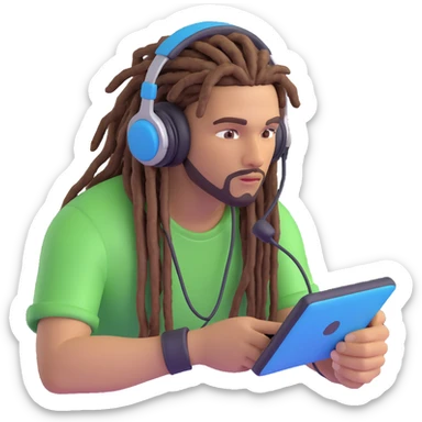emoji of a guy with dreads, headset on, focused on a video game sticker