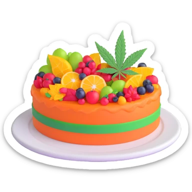 colorful frosted fruit cake with cannabis leaf on a plate sticker