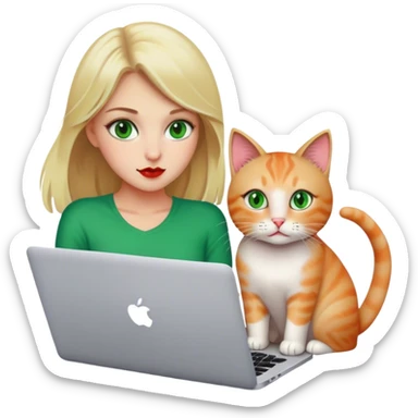 Blonde girl green eyes with apple MacBook and a cat sticker