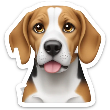 A beagle dog that’s white and tan wearing a blue cone sticker