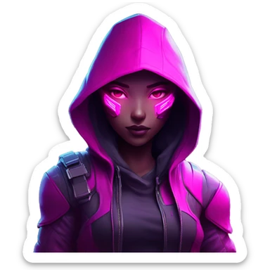 developer behind his laptop with this style : crysis Cyberpunk Valorant neon glowing bright pink girl character dark pink purple black hooded assassin themed character sticker
