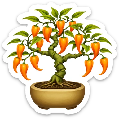 Very Large decorative alien gnarled bonsai pepper plant with fourty minuscule round orange-yellow wild peppers on it  sticker