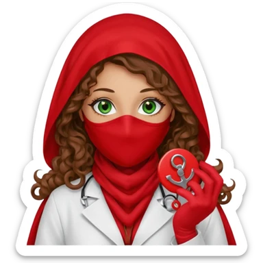 Lilith symbol sexy evil woman. She has green eyes.  had brown long curly hair.  evil surgeon kills with scalpel wears red sexy doctor coat with red mouth cover red gloves. Covers nose, neck  and mouth with Muslim red berka sticker