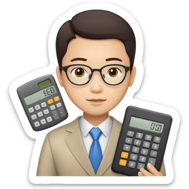 Asian accountant with calculator and paperwork sticker