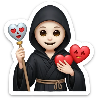 cute animated non-human grim reaper holding a heart, emoji style sticker
