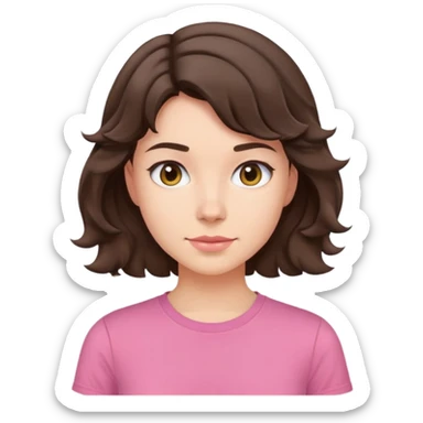 young brunette woman with short wavy hair to shoulders, wearing a pink t-shirt sticker