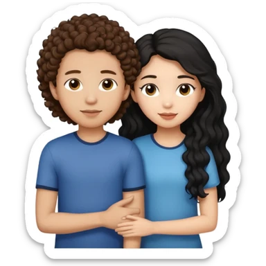 a lightskin boy with brown curly hair putting his arm around an asian girl with straight long black hair sticker