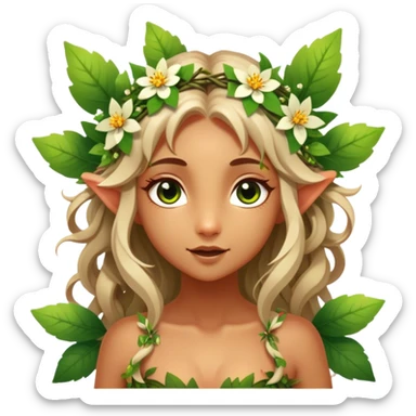 Cinematic Realistic Forest Nymph Fairy Portrait, head tilted playfully and inquisitively, showcasing a nature-inspired form with intricately detailed, sunlit tanned skin and cascading hair interlaced with leaves and blossoms. Her bright, curious eyes sparkle with forest mischief, rendered with lifelike clarity and warm, dappled lighting that captures the spirit of an enchanting woodland fairy ready to dance among the trees. sticker