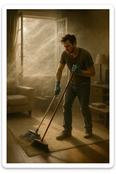 A realistic, cinematic image of a person cleaning a living room with a mop and broom, windows wide open letting in a strong gust of wind. Through the open windows, thick clouds of dust, pollen, and small debris visibly swirl into the room, floating in sunbeams that highlight the particles in the air. The person looks frustrated and tired, mid-action sweeping but clearly battling the incoming dust. Around the room, some furniture and surfaces already show a thin layer of dust settling. The scene is bathed in natural daylight with a slightly hazy atmosphere due to the airborne dust. The color palette uses warm, muted tones emphasizing the contrast between cleanliness efforts and the stubborn dirt and dust invading the space. The focus is on the tension between trying to clean and the unavoidable mess coming in from outside. sticker