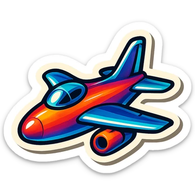 retro sticker-style jet airplane with thick outlines, strong shadows and highlights, vibrant glossy look, bold expressive slightly three-dimensional style like lips with strawberry illustration sticker