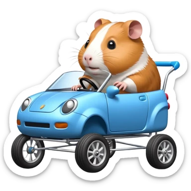 Spectral Racing car whose frame and suspension is made of shopping cart material with a large rear spoiler is being professionally steered driven by a small thin Guinea pig  sticker