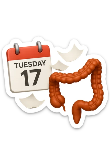 emoji stile iphone di un calendario con fogli che volano insieme a pezzi anatomici di colon umano, iperrealistico 4k, isolato su sfondo bianco sticker