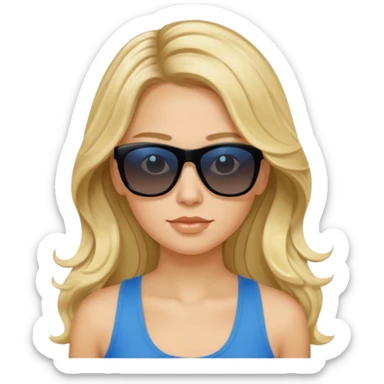 an olive tan woman with long, wavy blonde hair in a blue tank top wearing black Prada sunglasses sticker