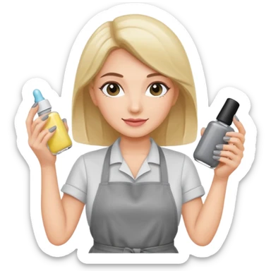 female nail master with small gel polish in hand in grey apron  sticker