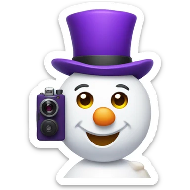 snowman holding a camera with a purple hat sticker