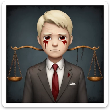 serious true crime-inspired emoji: scale of justice broken, one side lower, cracked base, blood stains, aged and rusty metal, cold white side lighting, dark smoky background, atmosphere of injustice and corruption sticker