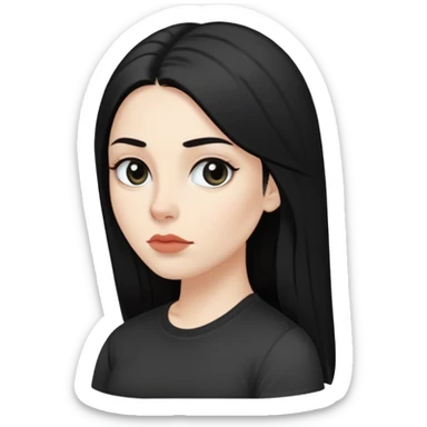A white-skinned, black-haired woman with long hair, wide, black eyes, slightly full lips, a straight nose, slightly thick eyebrows, and wearing a black T-shirt  sticker