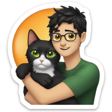 White guy with green eyes, black hair and with glasses hug orange percian cat sticker