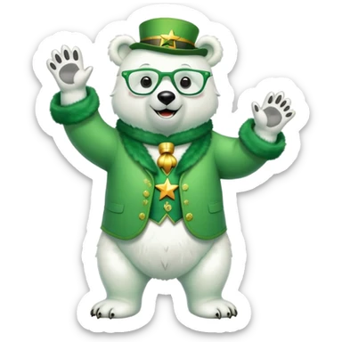 full body friendly anthropomorphised polar bear wearing large multicolored star-shaped glasses and festive St. Patrick's Day outfit, waving and smiling sticker
