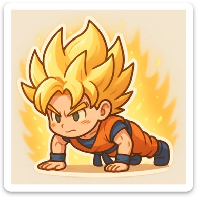 Goku from Dragon Ball Z doing push ups as Super Saiyan, chibi style, glowing golden hair and aura sticker