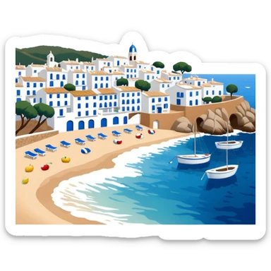Calella de Palafrugell, coastal village in Catalonia, focus on white houses and blue sea, apple emoji style, no frame sticker
