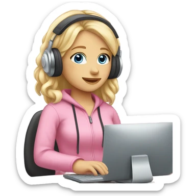 blonde hair blue eyed girl pink headphones and computer sticker