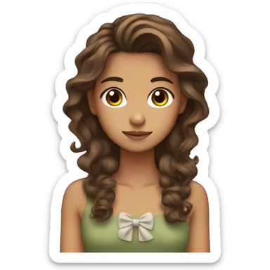 girl with olive skin, brown eyes and brown long wavy hair, an a bow sticker
