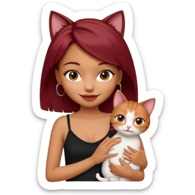 generate a pretty bratz girl with short dark red hair holding a cat smiling. Wearing a black cami sticker