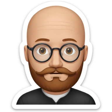 emoji 32-year-old white man, bald with a chestnut beard and mustache, small head with round black glasses. sticker