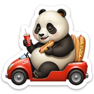 Fat panda on a go cart that’s too small eating a hot dog fries and a coke sticker