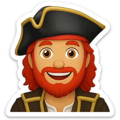 Edit the pirate emoji to be a male with red hair and a red beard, smiling. Keep the pirate hat and outfit. The style should resemble emoji style with a transparent background. sticker