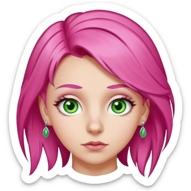 white girl with bright pink hair and hazel green eyes and a nostril piercing sticker