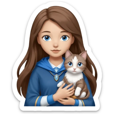 gorgeous Girl with light skin, blue eyes, long brown hair, wears a ravenclaw outfit, with a grey and white cat holding in her arms sticker