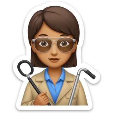A blind person wearing sunglasses and holding a guide cane sticker