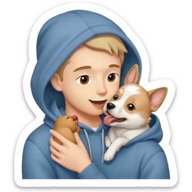 Cute dog lover boyfriend with soft smile, wearing hoodie and jeans, one dog licking his face sticker
