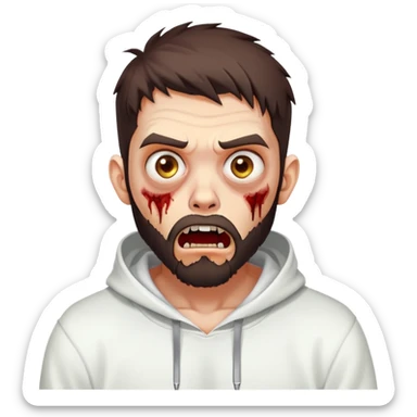 zombie with shocked expression, undercut hairstyle with dark brown hair, short full beard, wearing plain white hoodie sticker