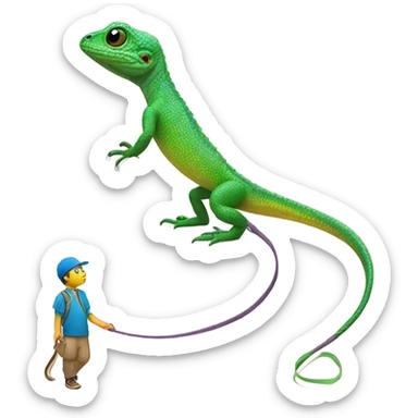 Lizard walking his human pet on a leash sticker
