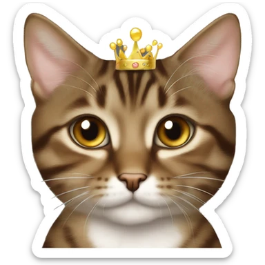 hazel eyed brown Tabby mixed cat wearing a gold princess crown sticker