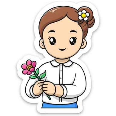 Ukrainian young girl in white embroidered shirt holding colored paper and a flower sticker