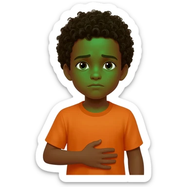 black boy curly hair orange shirt feel sick hand on stomach green face sticker